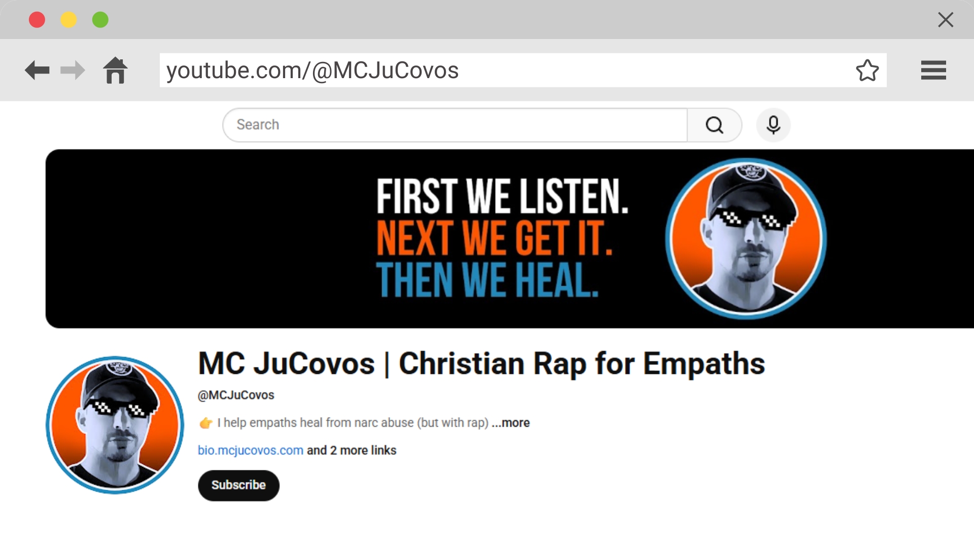 Screenshot of a YouTube channel homepage. The address bar shows youtube.com/@MCJuCovos. A black banner reads “FIRST WE LISTEN. NEXT WE LEARN. THEN WE HEAL.” On the right is a blue‑tinted circular portrait of a person in a baseball cap.