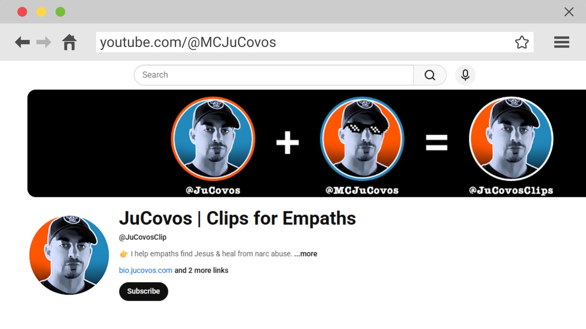 Screenshot of a YouTube channel homepage. The address bar shows youtube.com/@MCJuCovos. A black banner displays three circular portraits on split orange/blue backgrounds with the equation “@JuCovos + @MCJuCovos = @JuCovosClips,”