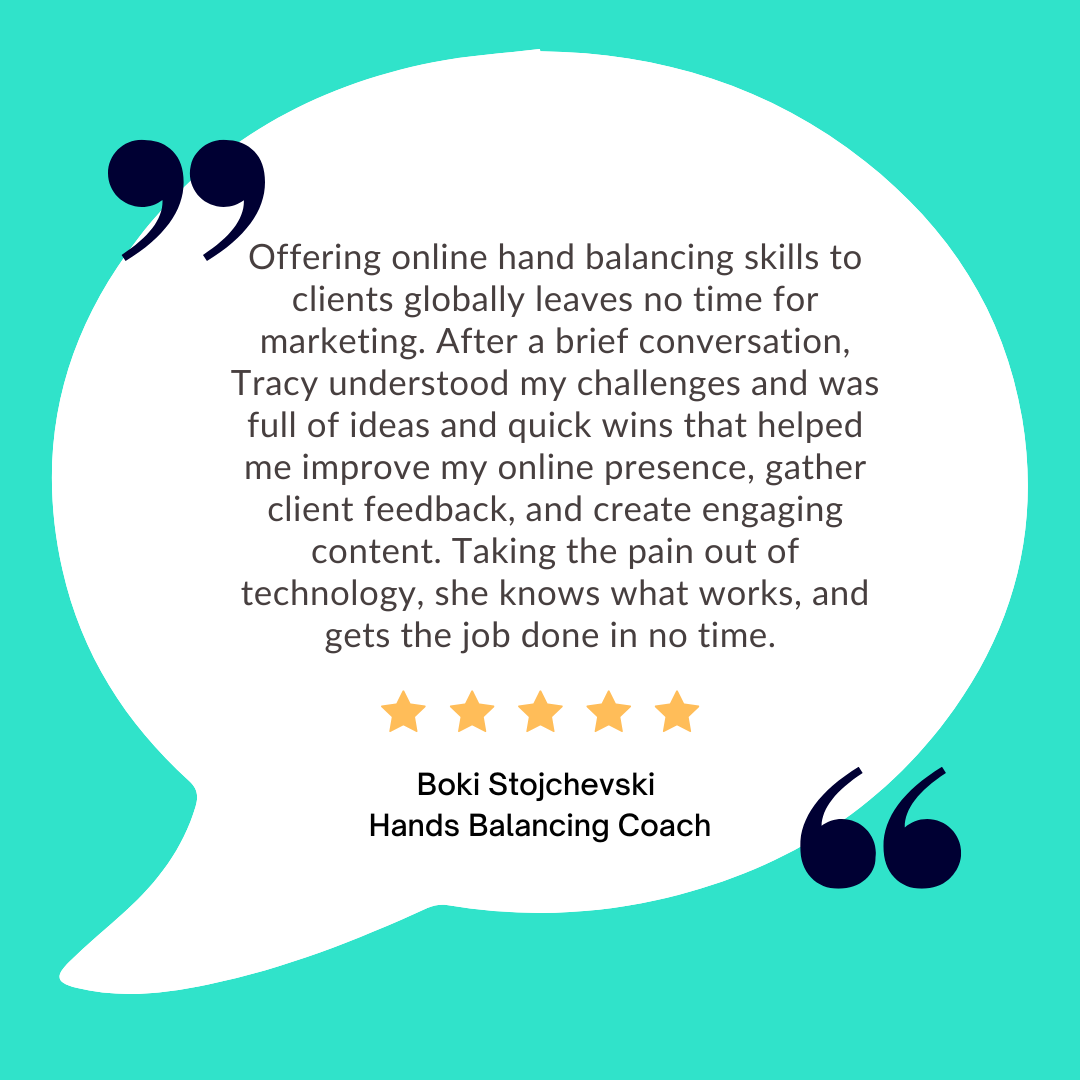Testimonial about marketing assistance for hand balancing coach.