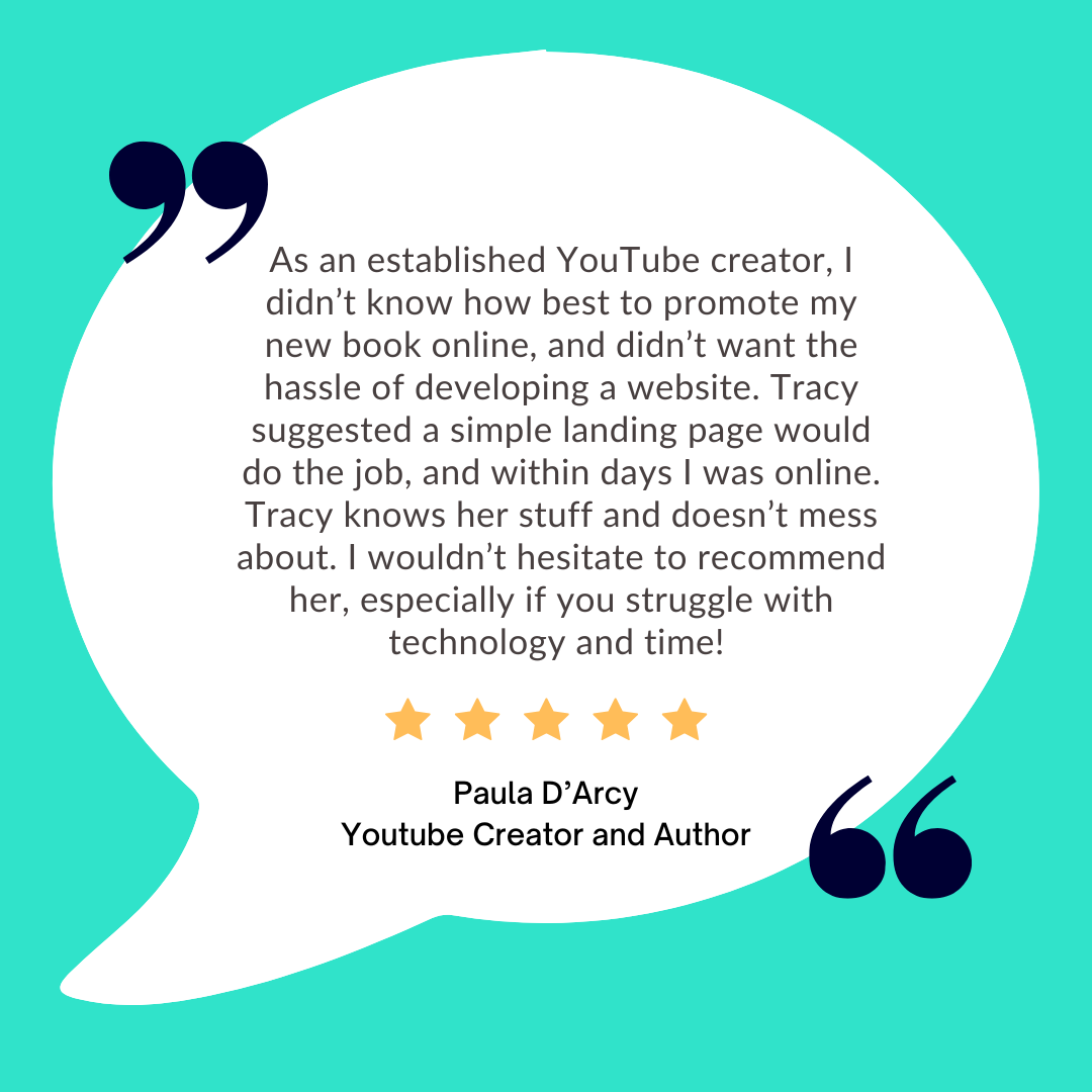 Quote about marketing help and recommendation. Five-star rating.