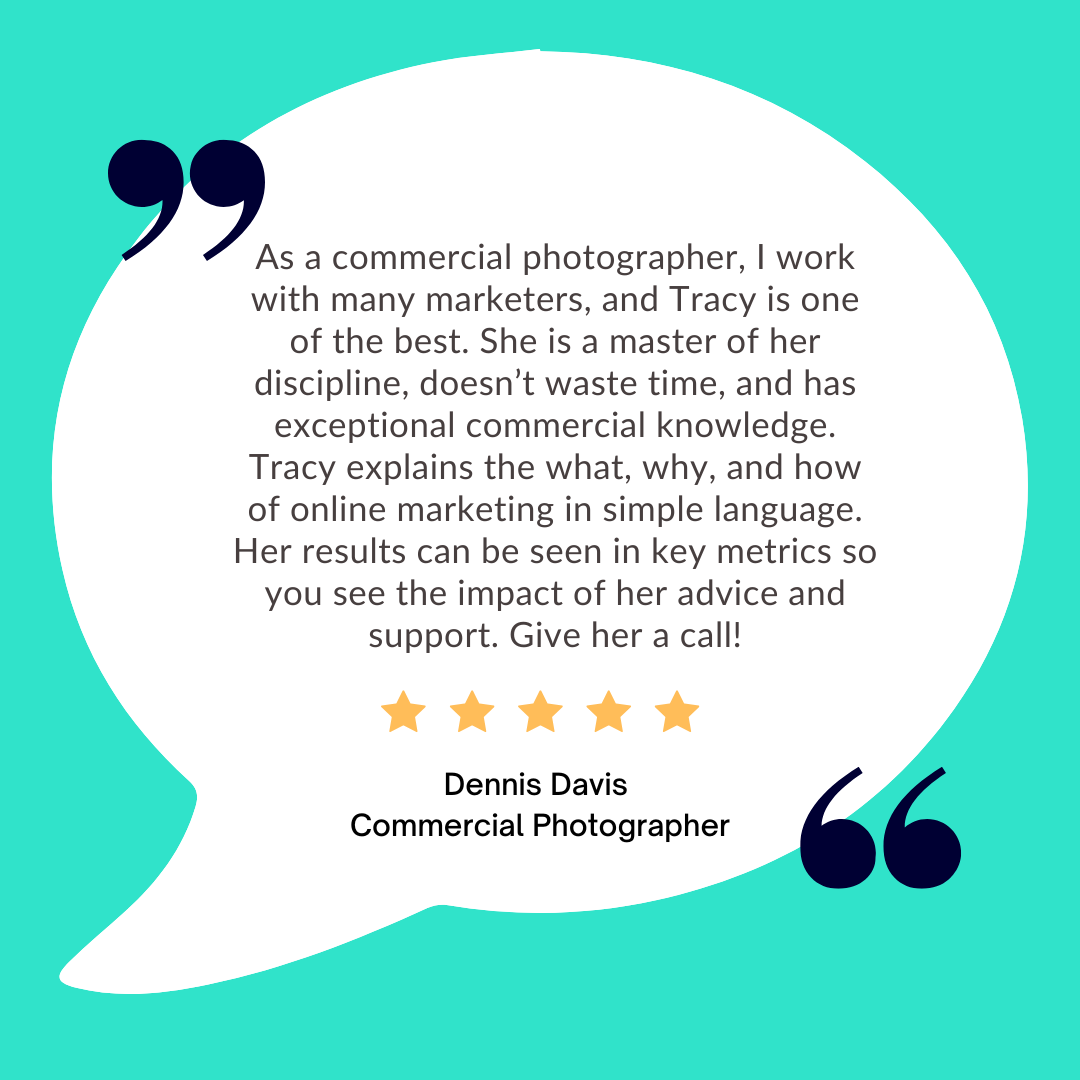 Testimonial about a marketing professional, five-star rating.