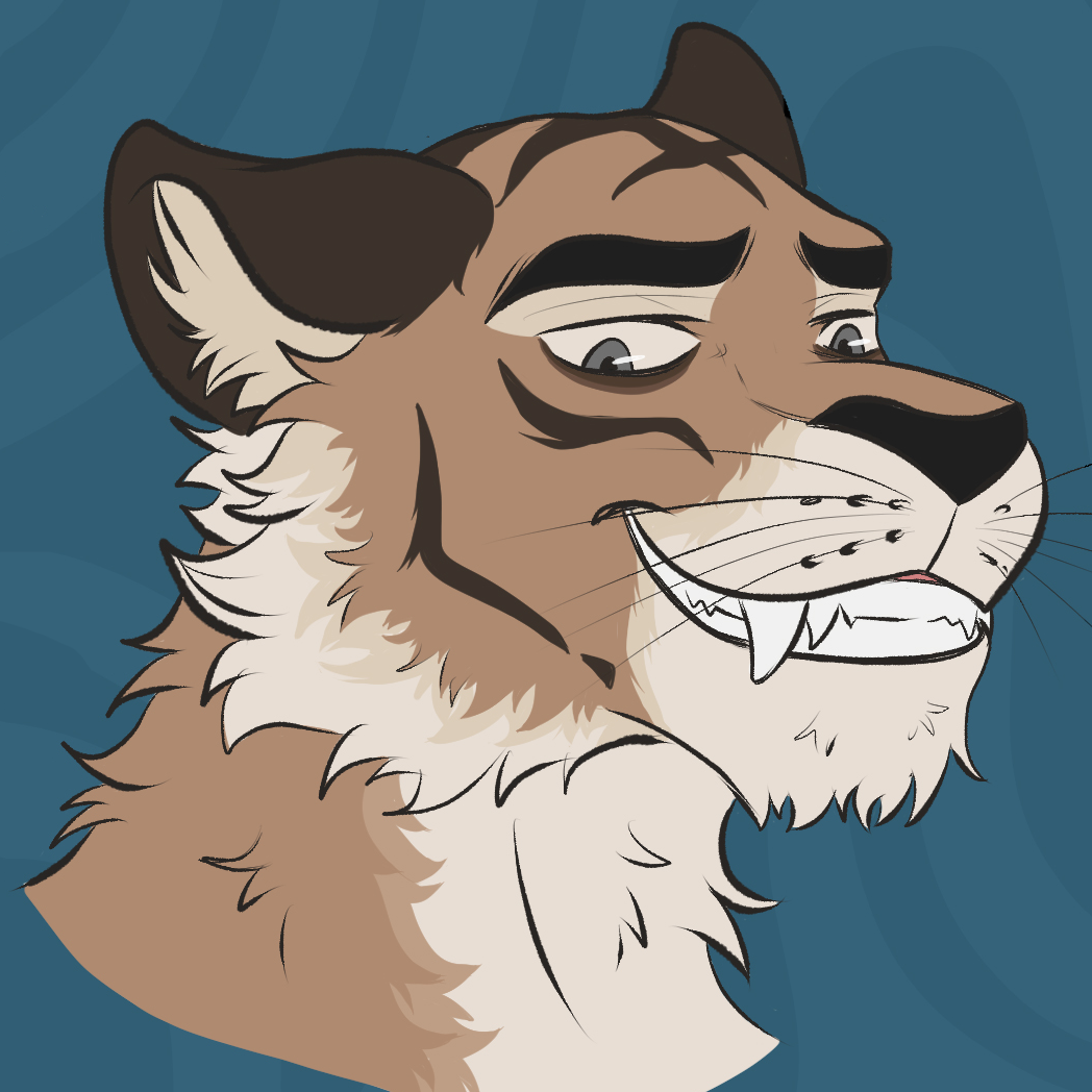 a headshot of my fursona, Flint (brown male tiger)
