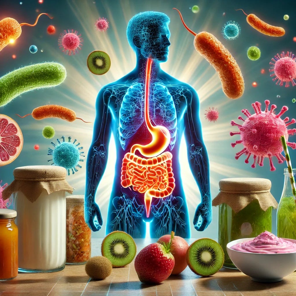 Human silhouette with digestive system and various foods.