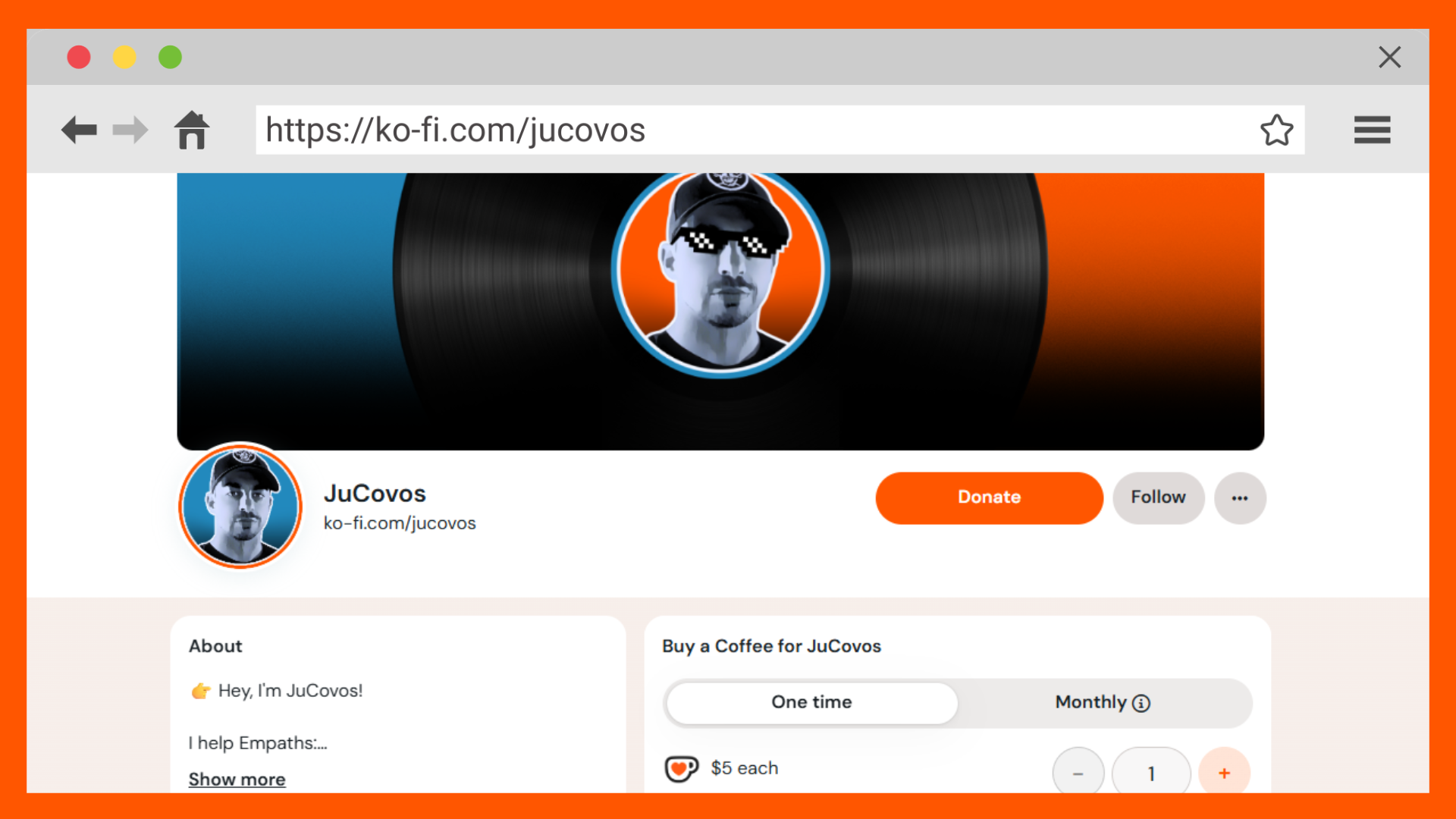 Screenshot of JuCovos’s Ko‑fi donation page, showing a profile picture and an About bio saying they help empaths find Jesus Christ, understand narcissism, and heal from narcissistic abuse, with links to YouTube channels, plus a $5 “Buy a Coffee” option.
